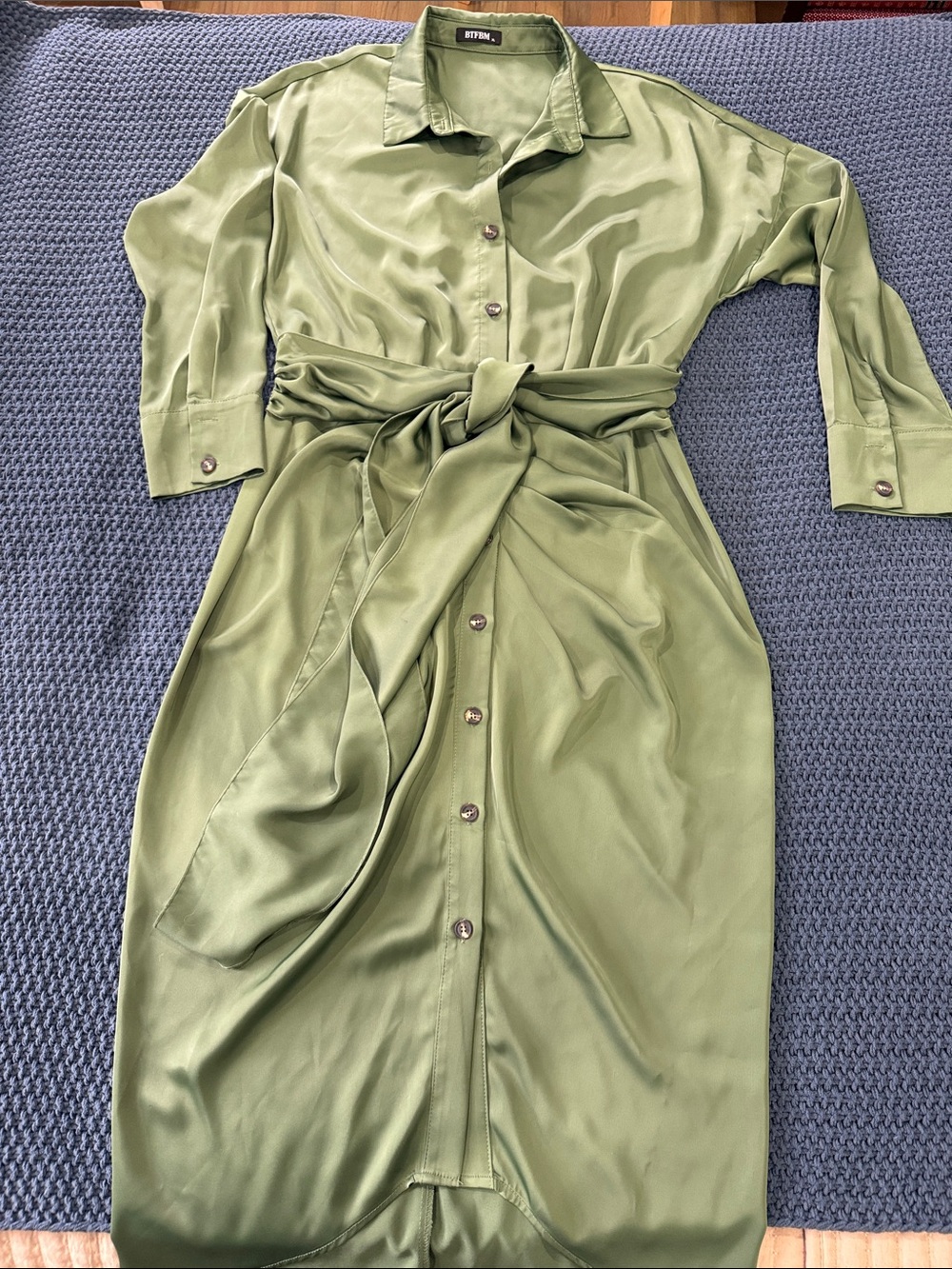 Olive Satin Button-Front Midi Shirt Dress with Self Tie